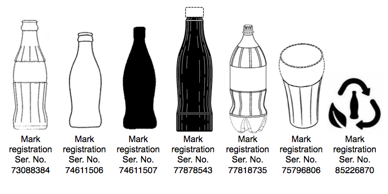 Images from Coca-Cola's registrations for non-traditional trademarks: shapes of bottles and more